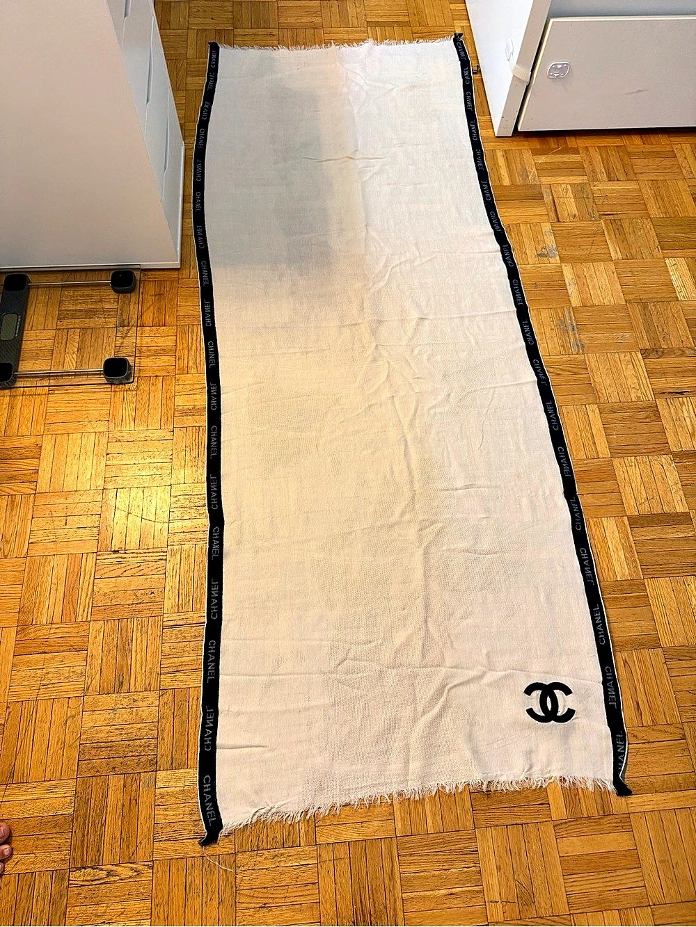 Chanel Black and White CC Logo Border Fringe Scarf Cream & Black